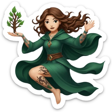 forest mage woman long wavy brown hair tattoos drawing symbol mid-air sticker