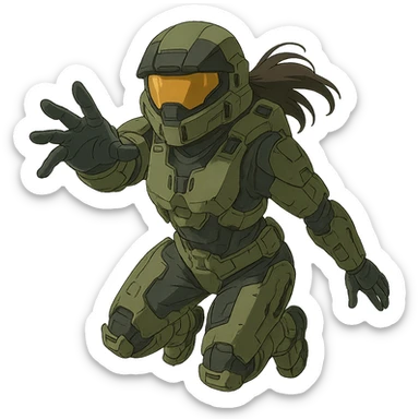 1 female, strengthened sIII spartan-3 helmet with a black visor, a tactical female space warrior floating in zero-g EVA operations, reaching in front of her sticker