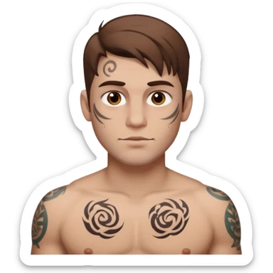 tattoo man, fair white skintone,brown hair, tattoos on face, more visible, bulky man with tattos on his chest. sticker