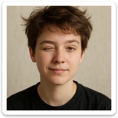 realistic portrait of a young person with short tousled brown hair, light skin, winking, inspired by the reference image sticker