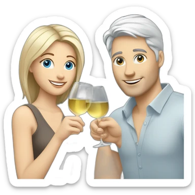 A white woman with brown eyes and blond medium long hair and a white man with blue eyes and grey hair, they toast to each other with a glass of white wine. sticker