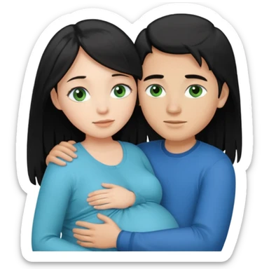 Make a couple hugging the girl is white with long black hair with blue eyes. The girl is hugging a boy with light brown short hair with green eyes. The boz is pregnant  sticker