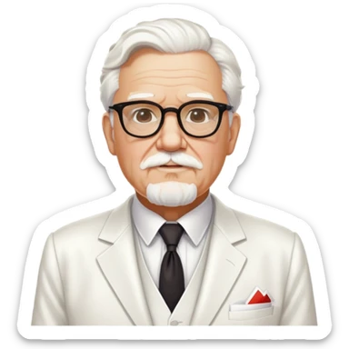 Colonel Sanders, old white man with square glasses, white goatee beard, white suit, KFC founder sticker