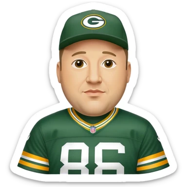 Kevin James as a Green Bay packers fan with a hat on wearing a Jordan love jersey sticker