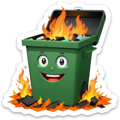 Green smiling dumpster with an open black lid and a fire burning inside it. there is litter and trash on the ground around it sticker