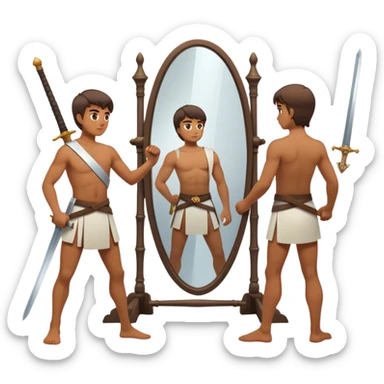 A person standing in front of a mirror, looking, while a sword on the floor. The mirror represents self-awareness and acceptance sticker