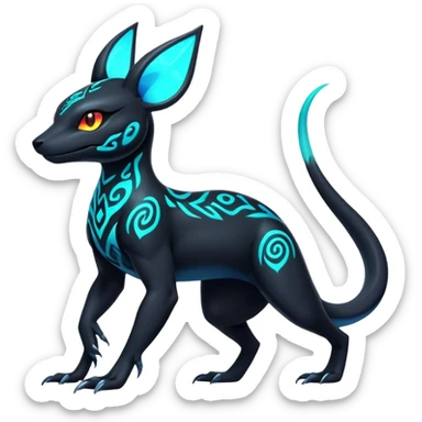 Colorful Neon Exotic Salandit-Aurorus-Umbreon-Fakémon-hybrid-creature (full body) with iridescent tribal markings sticker