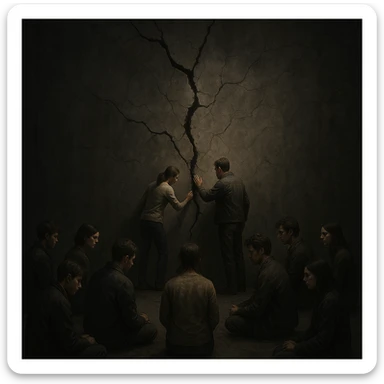A group of people in front of a massive cracked wall symbolizing a big problem. Most sit idly or look away, while two step forward to examine or try to repair the crack. Lighting highlights the two proactive people, others in muted tones. Conceptual, symbolic, cinematic, emotionally charged, strong contrast, hyperrealistic 4K. sticker