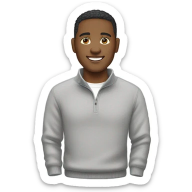 Smiling person wearing a gray quarterzip sweater with white tee shirt under, light skin tone sticker