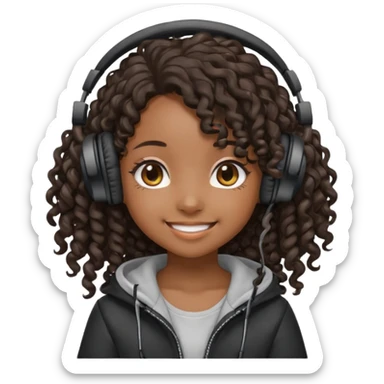 chibi anime black girl long curly hair smiling with head phones on sticker