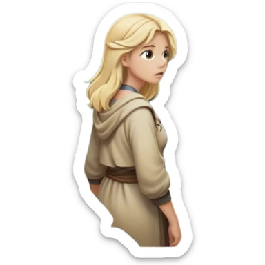- the back of a blonde woman stands at a mountain crossroads with rocks , her back turned as she contemplates two trails—one illuminated,, and one shrouded in darkness, representing reaction. with hands on chest sticker