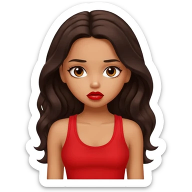 generate a pretty tan bratz girl with dark brown wavy hair long wearing a red tank top, red lipstick. Looking sad sticker