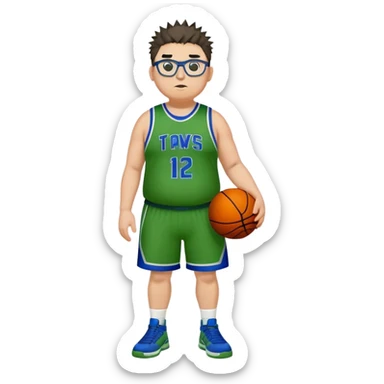 Full Body overweight white male with dark short spike hair basketball player wearing glasses wearing blue green uniform sticker