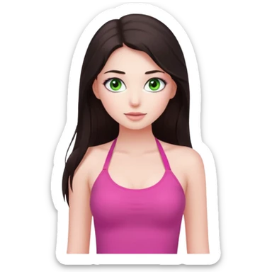 A pretty girl with white skin and very long dark brown hair and a green eyes and wears a pink tight halter tops sticker
