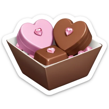 Two square milk chocolate Each of the two chocolates will have its own pralines only, Each praline is a sharp-edged cube with smooth glossy chocolate coating, placed in a small white fluted paper candy cup. On top of each cube is a flat pastel pink heart-shapedwith fine sugar crystal sparkle. sticker