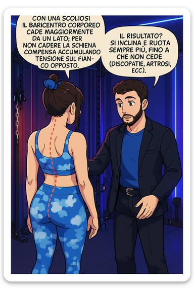 fai questa immagine in versione manga/webtoon a colori, il manga mostra la donna di spalle, mentre l'uomo le tocca la spina dorsale per spiegarle come funziona la scoliosi:
Con una scoliosi il baricentro corporeo cade maggiormente da un lato; per non cadere la schiena compensa accumulando tensione sul fianco opposto.
Il risultato? Si inclina e ruota sempre più, fino a che non cede (discopatie, artrosi, ecc) sticker
