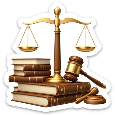 An icon featuring a gavel, scales of justice, and legal books, symbolizing law. The design includes a courthouse building in the background, representing the legal system and justice. Transparent background highlights the authority and structure of the law. sticker