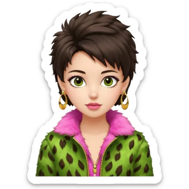 generate a pretty fair bratz girl with dark brown eyes. Dark brown hair tied up in a funky hairstyle. Wearing a green fur jacket, with pink top underneath. Golden earrings sticker