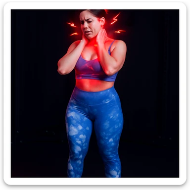 Realistic style edit of the girl identical to the photo with both hands on the neck, face contracted in pain, pain symbols like red lights and lightning on neck and head. sticker