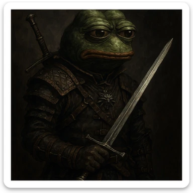 Пэпэ in The Witcher style, with a dark fantasy look and a silver sword sticker