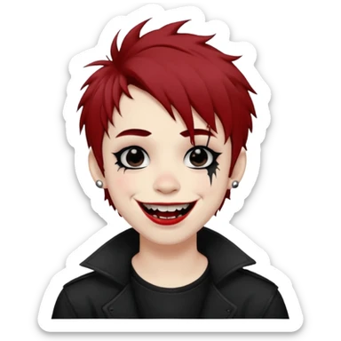 Laughing pale Goth boy with piercings, with shaggy brown hair, and messy black eyeliner , smudged, red, lipstick  sticker