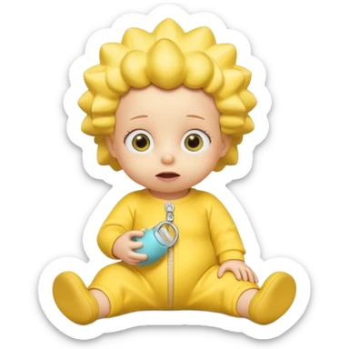 A 3D cartoon baby character entirely yellow, styled like Maggie Simpson, with pacifier, yellow onesie, big eyes, smooth shading, Memoji-style rendering, consistent with other yellow Simpsons characters. sticker