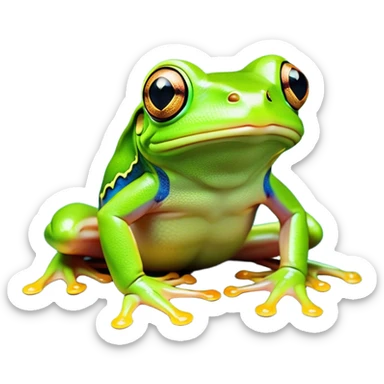 Cinematic Noble Green Tree Frog Portrait Emoji, Poised and alert, with a compact, vibrant body clad in bright, glossy green skin accented by delicate, sticky toe pads and large, bulging, observant eyes, Simplified yet sharp and sophisticated features, highly detailed, glowing with a soft, verdant luminescence, high shine, intelligent and sprightly, stylized with an air of tropical elegance, focused and attentive, soft glowing outline, capturing the essence of a watchful and confident amphibian that appears ready to leap out of the screen with effortless agility! sticker