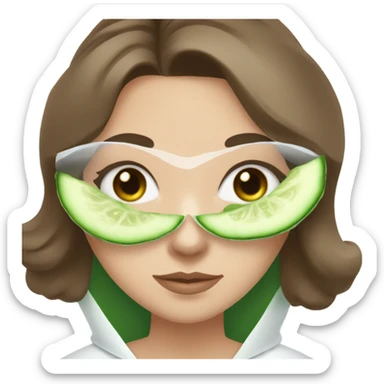 White girl with Brown hair and blue eyes wears a Green skincare textured mask and puts on cucumbers around her eyes while She relaxes in her white Robe sticker