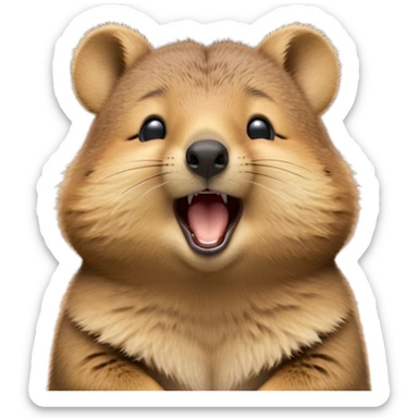 cinematic-realistic  yawning quokka-emoji,-small-round-frame, head tilted in an endearing manner, wouth wide open yawning, sleepy comical smile, round fluffy cheeks, giant-fluffy-cheeks-large-smile-fluffy-brown-fur-radiating-a-warm-softness,-big-round-eyes-filled-with-joy, realistic round  fluffy zoomed in, large black eyes one paw raised in the air sticker