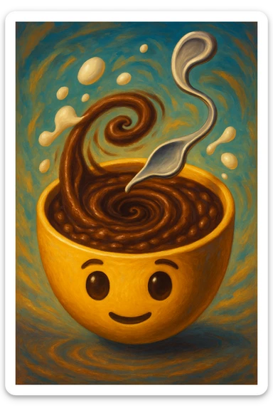 surreal emoji of champorado with spoon bending like Salvador Dalí, chocolate porridge swirling into a vortex, floating milk droplets, imaginative and dreamlike sticker