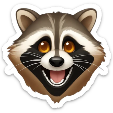 brown raccoon with orange eyes and a dark green hood that is laughing sticker