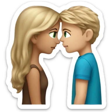 Girl with dirty blonde hair andgreenish blue eyes kissing boy with brown hair sticker