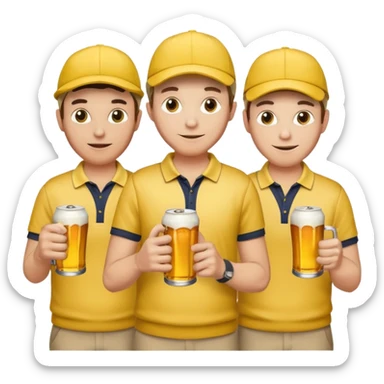 16 men on a golf trip wearing yellow golf caps all holding a beer can with a Xmas style label. Has to be 16 of them. sticker