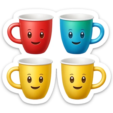 Cute 3D cartoon emoji sticker of a cup and ball shell game with three glossy plastic cups (blue, green, red) and a yellow ball, soft lighting, smooth shadows, playful, white sticker outline, transparent background, high resolution. sticker