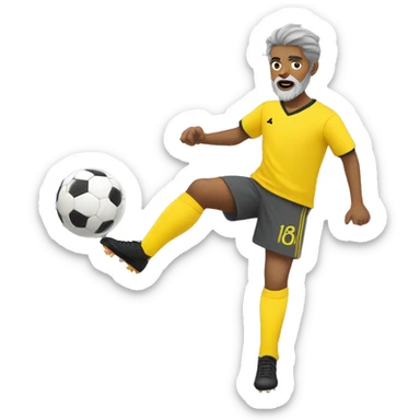 yellow skinned boy in gray soccer uniform and black shorts with gray beard  and hair kicking a soccer ball sticker