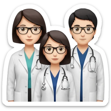 Create four doctors grouped together. Place a female doctor with dark brown short bob hair prominently in the front. Behind her, include:

a doctor with white hair wearing glasses,

a young male doctor with black hair and no glasses,

and a female doctor with black short bob hair wearing glasses. sticker