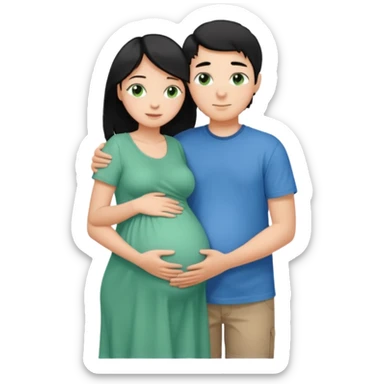 Make a couple hugging the girl is white with long black hair with blue eyes. The girl is hugging a boy with light brown short hair with green eyes. The boz is pregnant  sticker