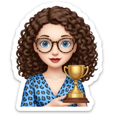 A girl with white pale skin, blue eyes, full lips, brunette LONG curly hair. She has a leopard print round-ish shaped glasses. She is wearing a white plain silk dress. She is holding an award and happy sticker