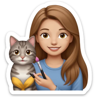 A image of a girl with light long brown hair doing her makeup with her grey tabby cat. She is smiling sticker