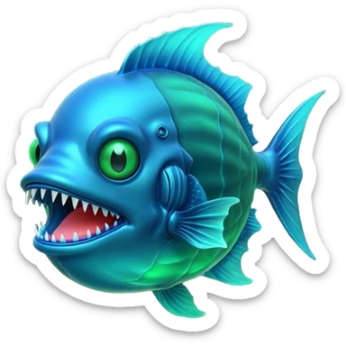 3D render of Anglerfish, bioluminescent deep sea style, glowing neon blue and green lights, dark background to contrast the glow, translucent organic textures, Apple emoji style, 3D render --v 6.0 sticker