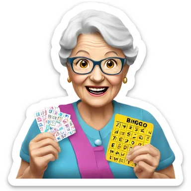 Create a 3d hyper realistic photo of a senior woman holding a bingo card sticker