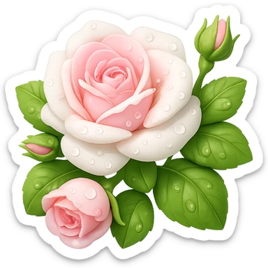 Create a square 3D illustration of a white and pink rose with buds, leaves, and dew drops in the style of iOS Apple emoji. The petals should be voluminous and detailed, with a transparent background. The style should mimic the look and feel of Apple emojis with smooth shading and subtle gradients. sticker