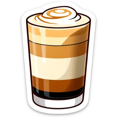 Small 4.5 ounce Gibraltar glass with cortado espresso drink, smooth gradient from light brown on top to darker at bottom, no white froth, just smooth milk and espresso integration sticker