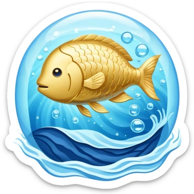 Luminous golden omega-3 capsule amid flowing blue currents, with a translucent fish circling a glowing brain. Soft blue waves radiate outward from the brain toward a faintly visible heart, showing the connection between omega-3, brain health and cardiovascular benefits. sticker