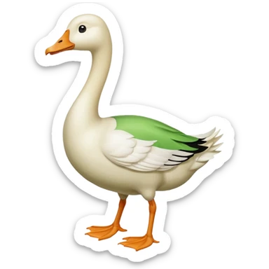 "Emoji of a white running goose with a very very long neck and two legs. The goose wears bright green dungarees." sticker