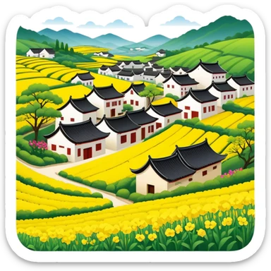Wuyuan countryside spring flowers and traditional houses Jiangxi, simplified emoji style with bold outlines and bright colors, cartoon style rural village with yellow rapeseed flowers sticker