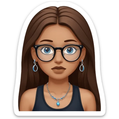 White girl with long brown hair, part going more to the RIGHT side, BLUE eyes, wearing BLACK plastic frame glasses. SEPTUM nose piercing hoop (at bottom of nose) AND stud nose piercing on right side of nose. Wearing BLACK tank top. No other jewelry sticker