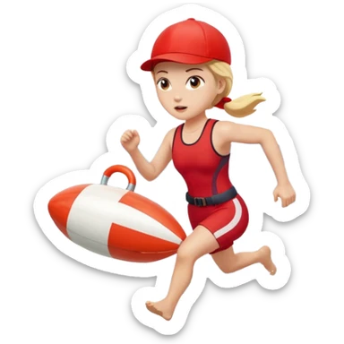 Female lifeguard – red cap, running along shore with rescue buoy sticker