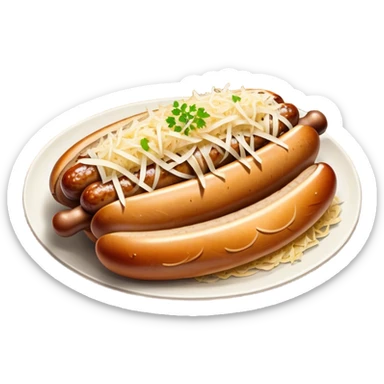 Bratwurst Cinematic Realistic Bratwurst Dish Emoji, depicted as a grilled bratwurst topped with a generous serving of shredded sauerkraut, rendered with rich textures and dynamic, appetizing lighting. sticker
