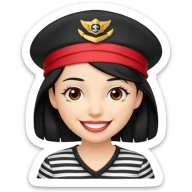 marinera de pelo negro piel blanca con camisa a rayas blanco y negro y pañuelo rojo y gorra de capitana y sonrisa alegre sticker